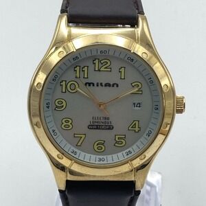 Milan Mens Watch 39mm Gold Tone Date BROKEN BACKLIGHT Brown Band New Battery